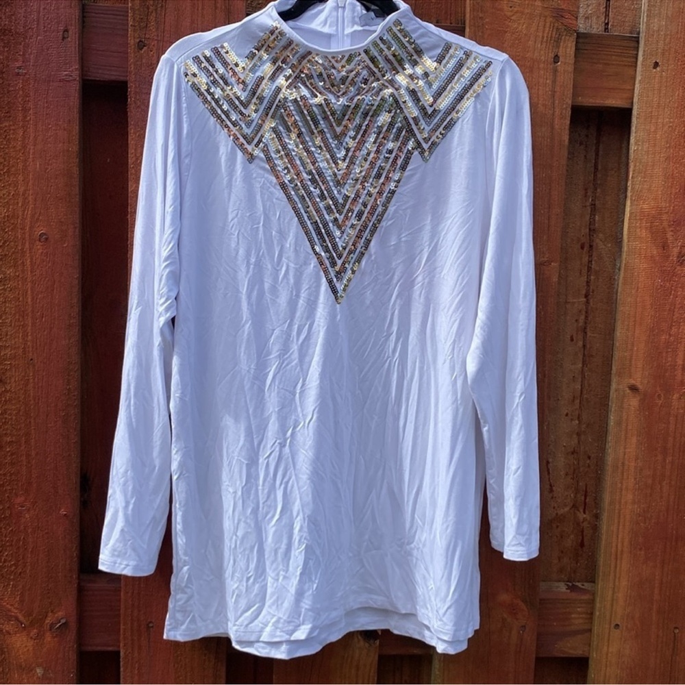 Ashley Stewart White Chevron Sequin Mock Neck Top Long Sleeve Plus 14/16